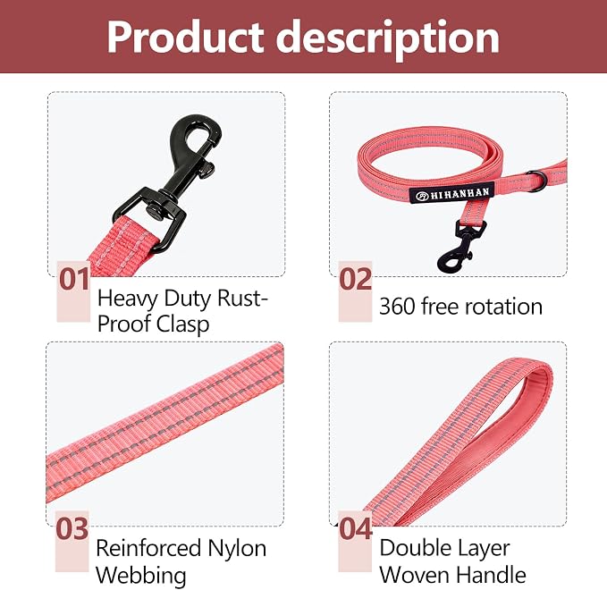 Reflective 6 FT Dog Leash, Premium Traditional Style Puppy Leash with Easy to Use Collar Hook for Small, Medium, and Large Breed Puppies (Pink, 3/4 in x 6 ft)