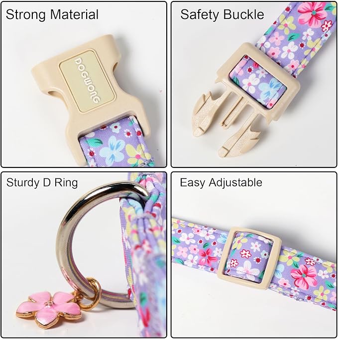 Spring Floral Dog Collar for Girl Dogs- Lavender Purple Flower Female Dog Collar, Adjustable Soft Cute Dogs Collars for Large Dogs, L