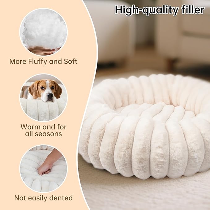 Donut Dog and Cat Bed, Luxurious Comfortable Faux Rabbit Fur Pet Beds, Round Anti-Anxiety Calming Puppy Kitten Bed with Anti-Slip Bottom for Small Medium Dogs & Cats(31", White)