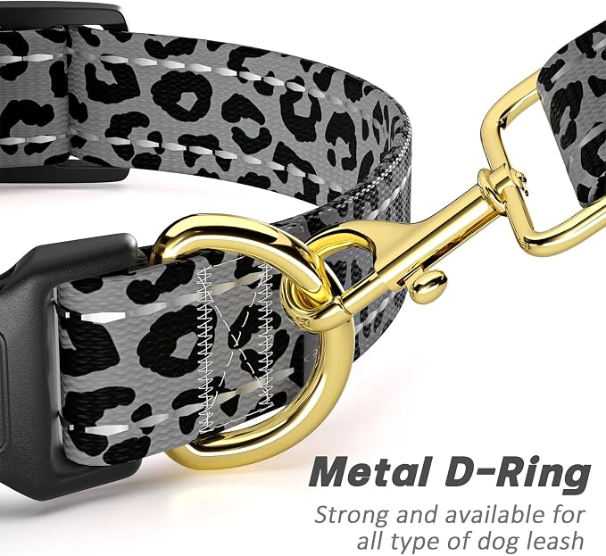 Reflective Dog Collar for Extra Small Dogs Cats, Cute Leopard Style Adjustable Heavy-Duty Nylon Puppy Collar for Boy and Girl Female, Soft Pet Accessories with Quick Release Buckle, Gray