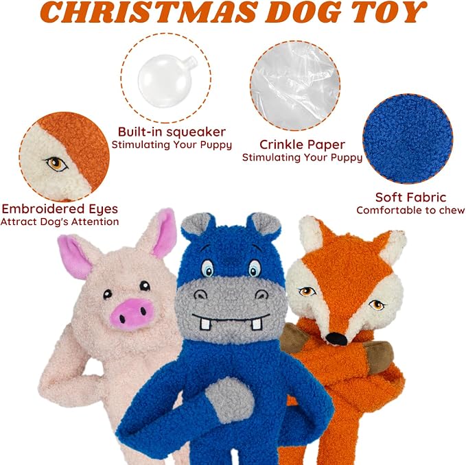 3 Pack No Stuffing Crinkle Squeaky Plush Dog Toy | Interactive, Not for Aggressive Chewers, suit for small medium large breed tug game Orange Fox Pink Pig Blue Hippo
