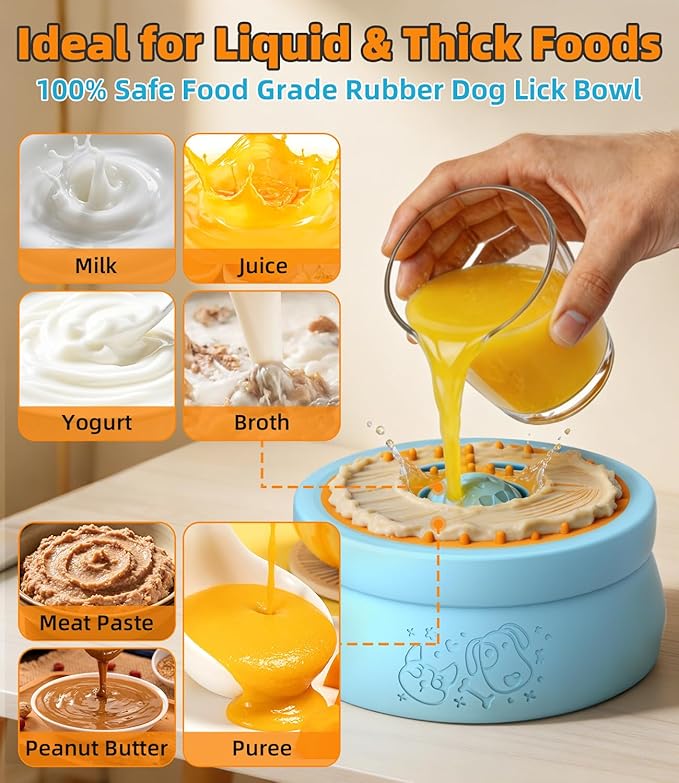 Slow Feeder Dog Bowl, 2-in-1 Interactive Dog Slow Feeder with 360° Rolling Ball for Yogurt, Wet Food & Liquid Treats, Spill-Resistant Anti-Slip Feeding Bowl for Dogs & Cats, Easy-Clean(Blue)
