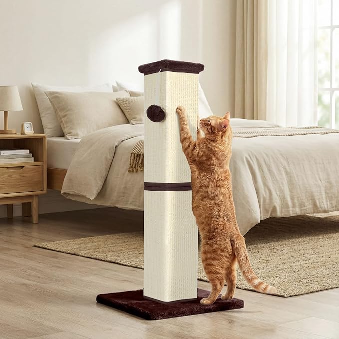 Cat Scratching Post 32 Inch for Indoor Large Cats and Kitten, Nature Sisal Tall Cat Scratch Post, Sisal Cat Scratcher Improve Cat's Scratching Habits and Protect Your Furniture, Beige