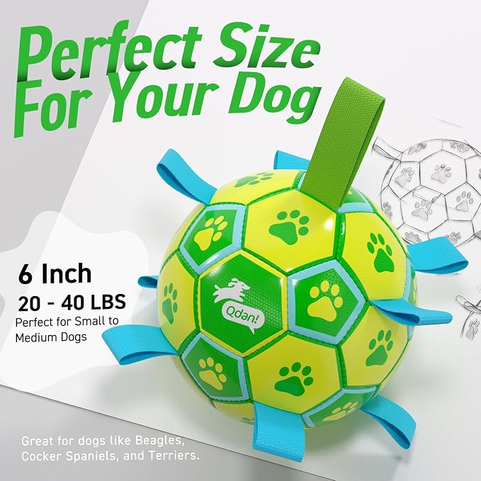 QDAN Dog Toys Soccer Ball, Dog Tug Toy, Water Toy, Durable Balls for Small Medium Dogs-Green Yellow(6 inch)