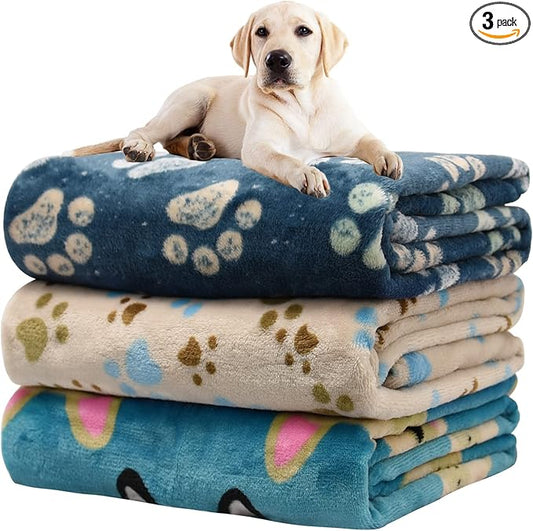 Rezutan Premium Dog Blankets for Large Dogs & Cat Flannel Blanket Washable, Soft Pet Throw Cover for Kennel Crate Bed, Cute Paw Pattern,41x31 inch, Blue/Beige/Navy Blue
