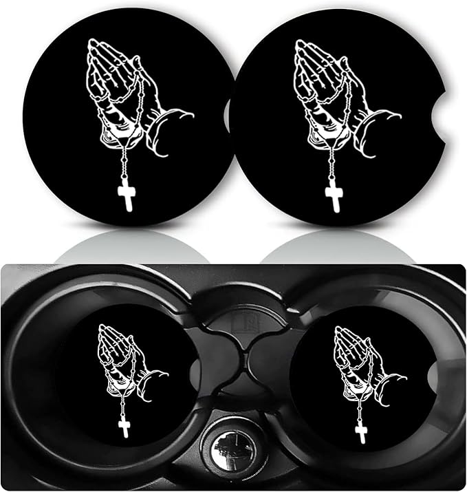 2Pack Cross Praying Hands Car Cup Holder Coaster,Christian Cross Gifts for Women Men,Vehicle Interior Drink Mat Neoprene Car Coasters for Cup Holders Decor,Religion Faith Auto Accessories