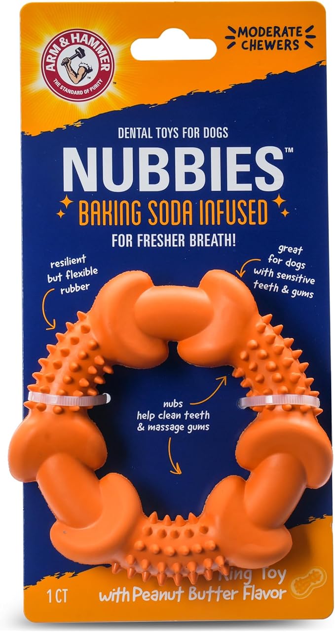 Arm & Hammer Nubbies Dog Dental Chew Toy, Rubber Ring, Peanut Butter Flavor, for Moderate Chewers, Reduces Plaque and Tartar Buildup, Baking Soda Infused, No Stuffing