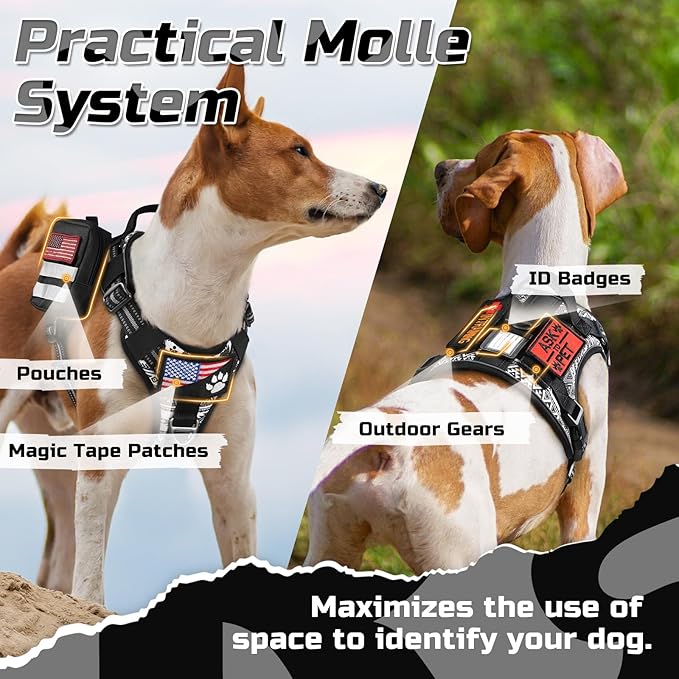 rabbitgoo Tactical Dog Harness for Large Dogs, No Pull Military Service Vest with Handle & Molle, Easy Control for Training Walking, Adjustable Reflective Straps, Black & White Geometric, M