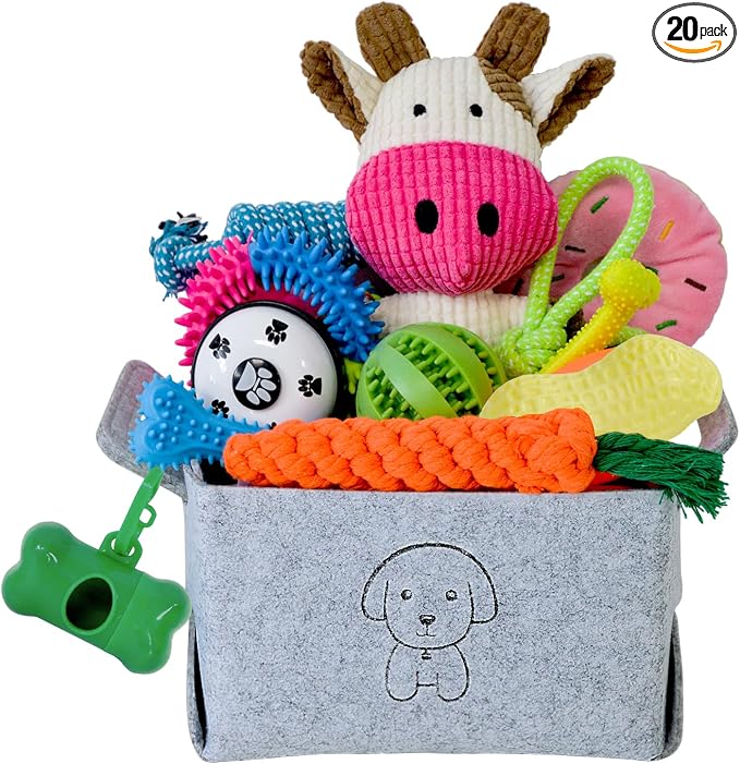 MRSOHRET 20Pcs Puppy Chew Toys for Teething, Dog Chew Toys with Rope Toy, Pet Dog Toothbrush, Treat Balls, Plush Toys and Squeaky Toys for Small Medium Dogs with Basket