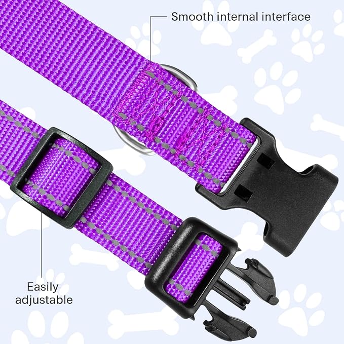FunTags Length 8" - 12" Reflective Purple Dog Collar for Puppy/Extra Small Dogs – Night Walking & Training Safety, Durable Quick Release Buckle, Nylon, Comfortable Adjustable, Width 3/8"
