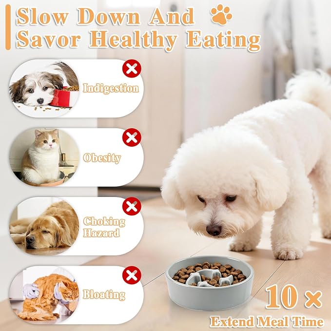 Ceramic Slow Feeder Dog Bowls, 1 Cups Dog Food Dish for Small and Medium Breed, Puzzle Dog Food Bowl for Fast Eater, 15OZ, 6.3 inch(Grey)