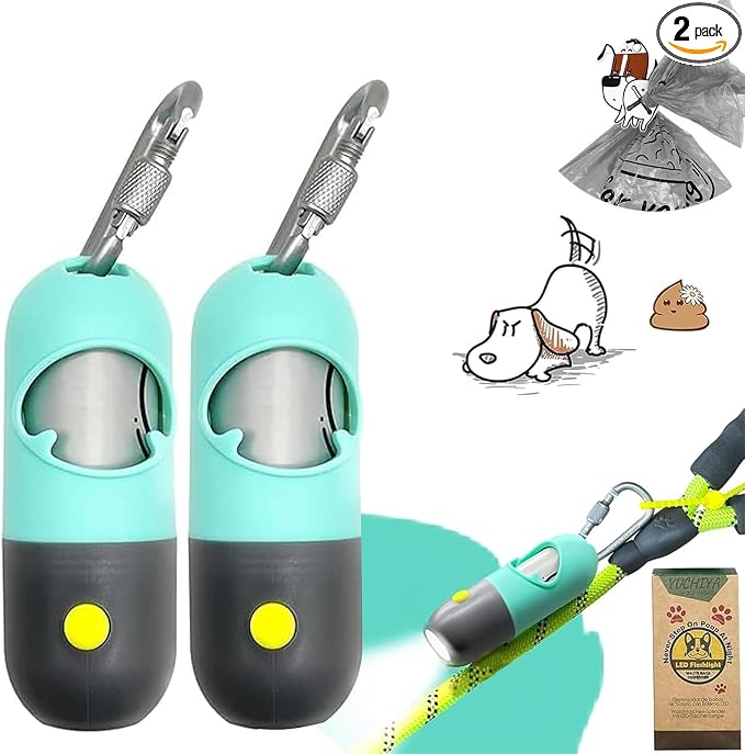 Dog Poop Waste Bags Holder with LED Flashlight|Cute Doggie Poo Bags Dispenser for Pet Leash|Trash Waste Bags Carrier with Potty Bags Clip Fastener LR44 Button Cells Included(2 Pack) (Mint Green)