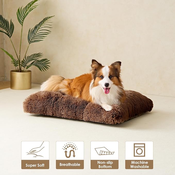 EHEYCIGA Fluffy Dog Crate Bed for Small Dogs, Plush Faux Fur Crate Pad, Calming Anti Anxiety Small Dog Bed, Washable Soft Warm Mat with Non-Slip Bottom, Coffee