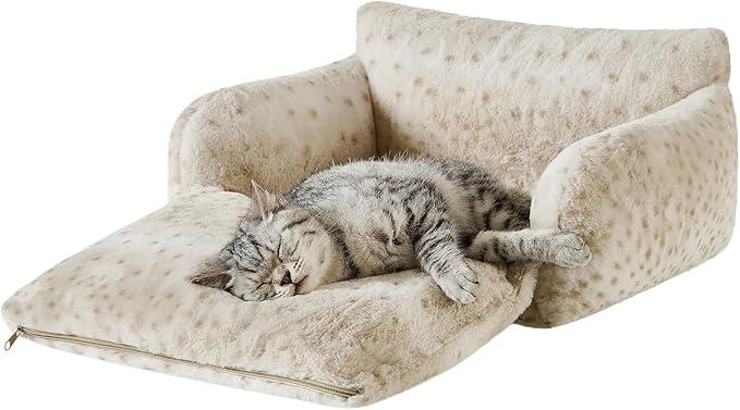 Hollypet Cat Bed Fluffy Plush Multifunctional Double-Layer Machine Washable Soft Warming Kitty Pet Couch Orthopedic Nest Beds for Small Cats Kitten and Dogs up to 13lbs, Leopard(21x15x8 inch)