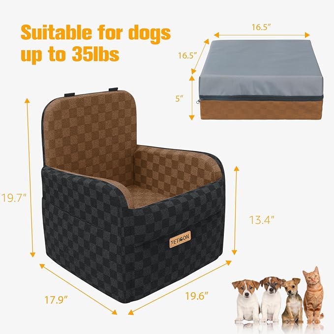 PETICON Waterproof Dog Car Seat for Small Medium Dogs, 5in Memory Foam Pet Booster Seat for Dogs up to 35 lbs with Pockets, Detachable Washable Pet Carseat with Y-Shape Safety Belt (Brown, Medium)