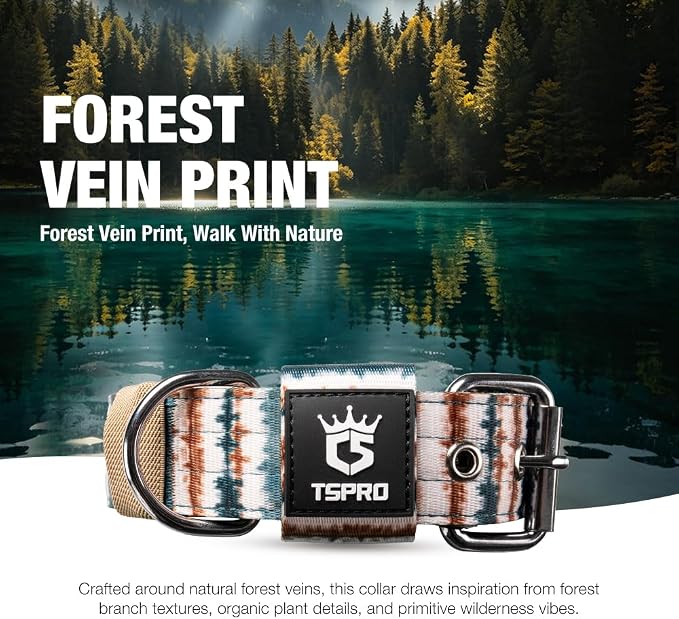 TSPRO Tactical Heavy Duty Dog Collar 1.5 Inch Wide & Thick, Durable Metal Buckle, Adjustable for Medium to Large Dogs, Strong & Comfortable for Daily Use (Forest Vein Print, M)