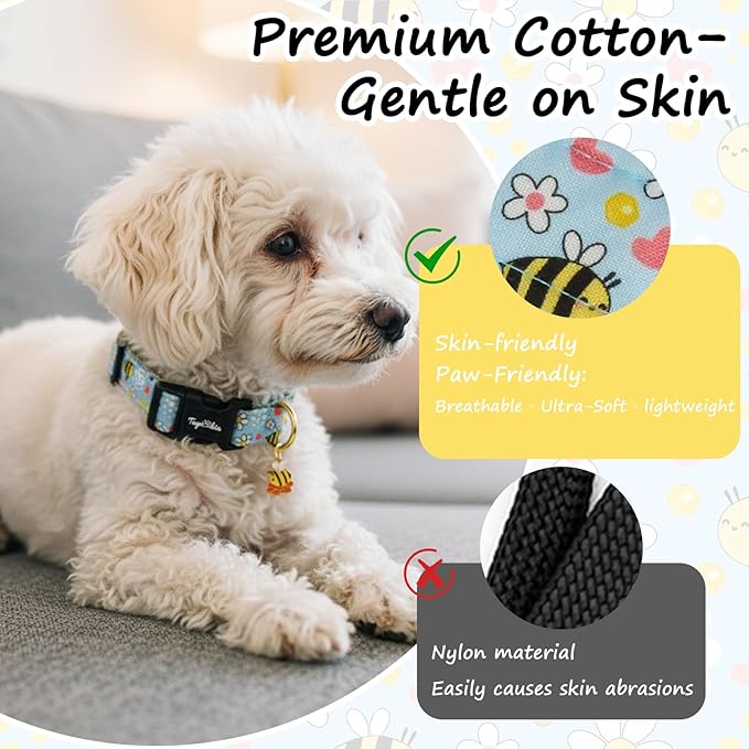 Dog Collars for Small Dogs, Dog Collar with Bees Flowers Pattern, Spring Summer Blue Dog Collar with Exquisite Pendant Adjustable Collars for Gifts for Puppy Small Dogs-S