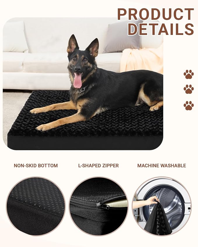 KSIIA Dog Crate Bed Waterproof Extra Large Dog Bed Soft Rose Velvet Supportive Kennel Pad Egg Crate Foam with Removable Washable Cover & Non-Slip Bottom, 47 x 29 Inch, Black