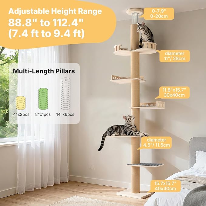 Veehoo Floor to Ceiling Cat Tree, Adjustable Height (5.1-9.4 ft) Tall Climbing Tower with Sisal Scratching Posts, Modern Cat Activity Tree for Indoor Cats