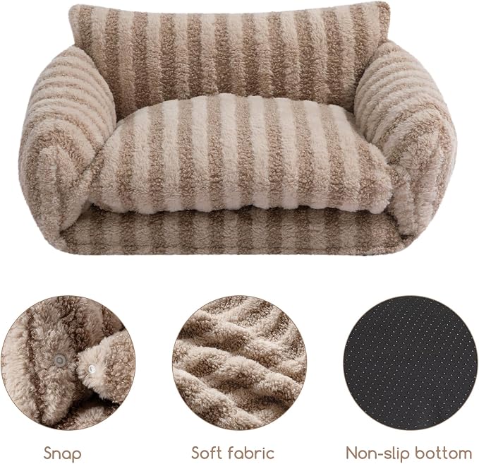 Hollypet Cat Bed Fluffy Plush Multifunctional Double-Layer Machine Washable Soft Warming Kitty Pet Couch Orthopedic Nest Beds for Small Cats Kitten and Dogs up to 13lbs, Khaki(21x15x8 inch)