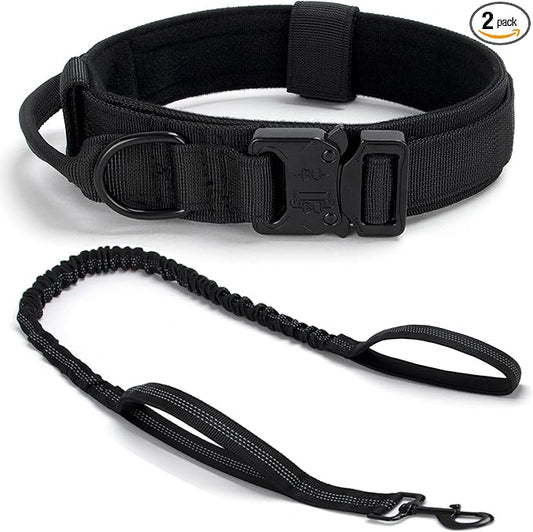 Tactical Dog Collar Set, Adjustable Military Training Nylon Dog Collar with Control Handle and Heavy Quick-Release Metal Buckle for Small Medium Large Dogs, Black Set XL