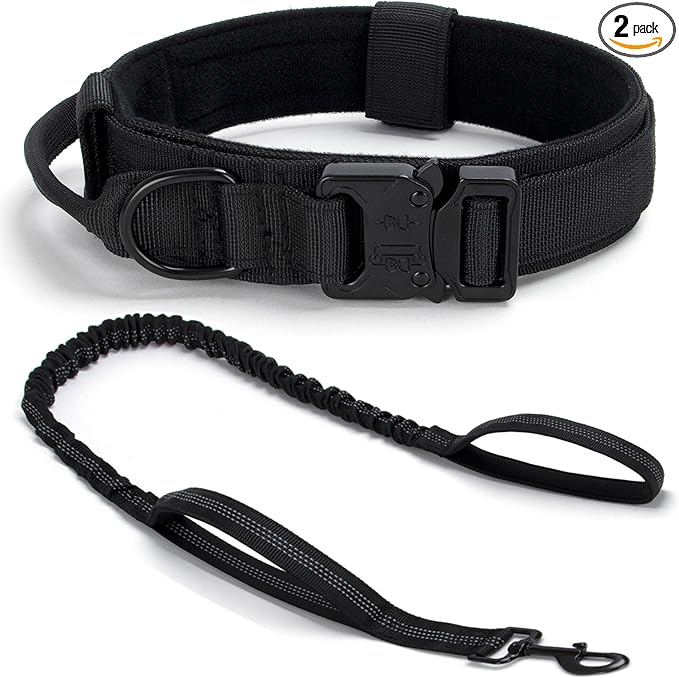 Tactical Dog Collar Set, Adjustable Military Training Nylon Dog Collar with Control Handle and Heavy Quick-Release Metal Buckle for Small Medium Large Dogs, Black S