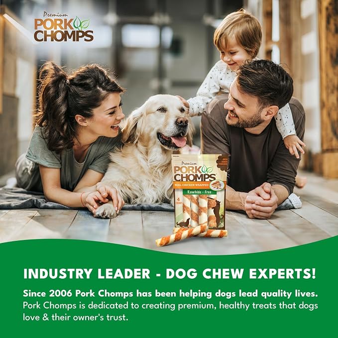 Pork Chomps Baked Pork Skin Dog Chews, 6 Inch Twists, 4 Count - Real Chicken Wrap - Long-Lasting Treats for Dogs - High Protein, Rawhide-Free, Low Fat, Healthy & Delicious Chews