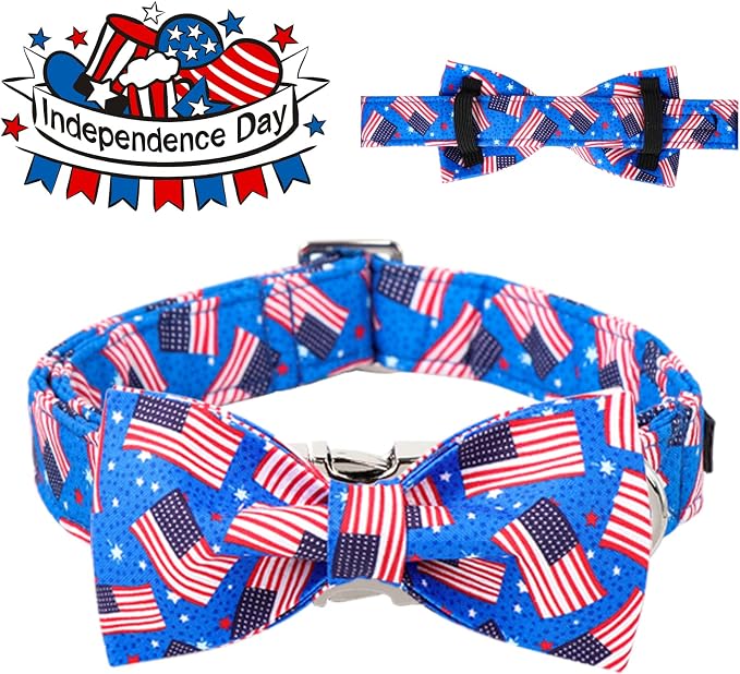 Maca Bates American Flag 4th of July Dog Collar with Bow Tie for Dogs Bowtie 4 of 7 Flags Blue Adjustable Durable Patriotic Collars USA Independence Day Gift for Small Medium Large XL Boy Girl Puppy