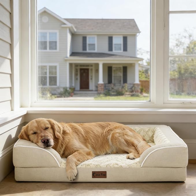 Orthopedic Dog Beds for Extra Large Sized Dogs 42x30 Inch, XL Waterproof Egg Crate Foam Dog Sofa Bed with Removable Washable Cover Big Pet Couch with Bolster & Non-Slip Bottom, Beige