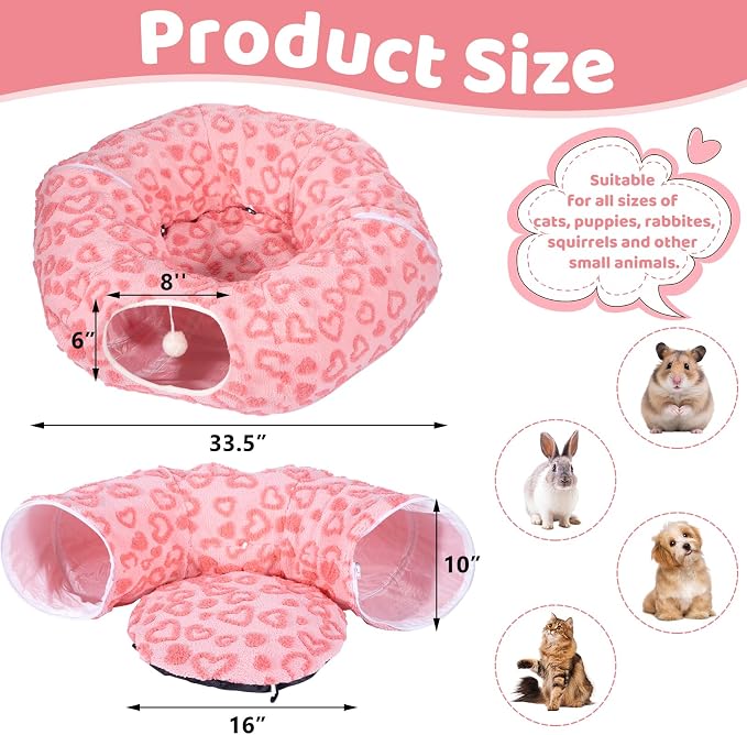 Cat Tunnel Bed, Cute Cat Tunnel Toy with Washable Cushion, Fits Indoor Cats up to 25 lbs, Cute Peekaboo Cave Pet Bed for Kittens, Rabbits, Pink Heart