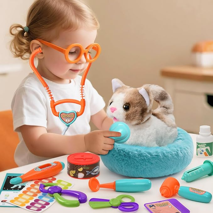 TUZT 17PCS Interactive Cat Toys for Kids, Toys for 3 4 5 6 7 8 Year Old Girls Kids Boys, Walking & Meowing Cat Toy with Sound, Veterinarian Playset for Toddlers, Idea Birthday Gifts for Little Girls