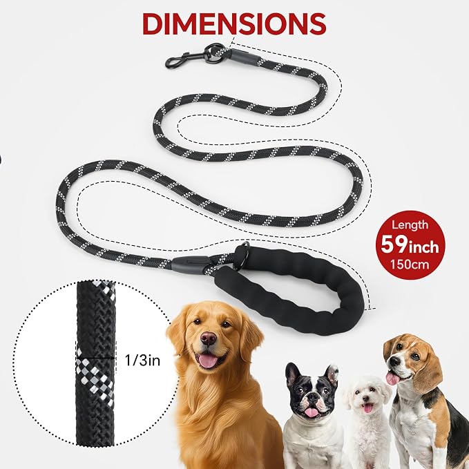 Heavy Duty Dog Leash, 4.9 FT for Large and Small Dogs, Strong Nylon, Comfortable Handle, Reflective Stitching - Ideal for Walking, Training, and Outdoor Activities, Black
