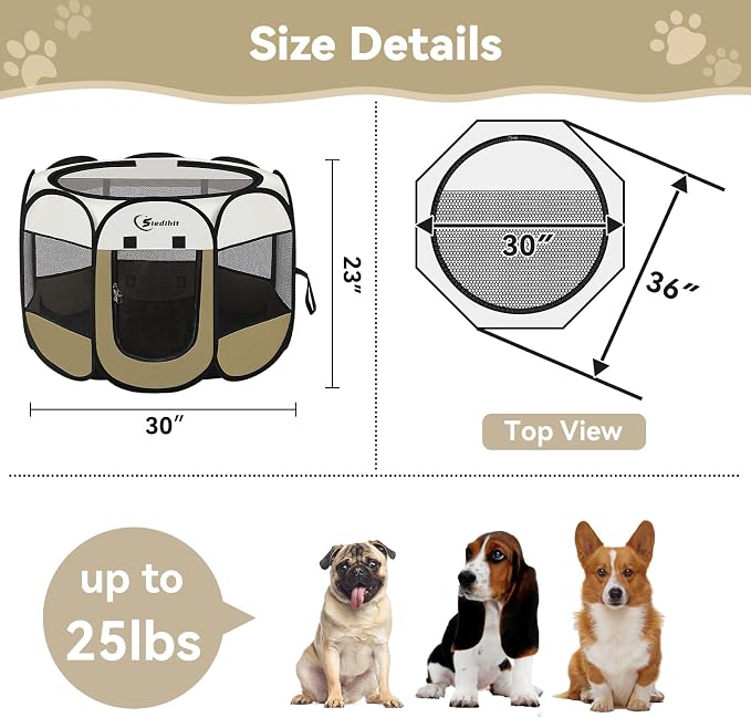 Siedihit Dog Cat Playpen, Medium Puppy Pet Playpen, Dog Crate Tent Cage Indoor/Outdoor, Portable Pop Up Dogs Kennel Playpen with Carrying Case for Dogs/Cats/Rabbits (Khaki,Medium)