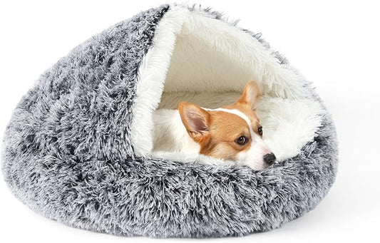 Dog Bed Round Hooded Plush Cat Cave Self Warming Pet Bed Donut Anti Anxiety Fluffy Pet Bed for Puppy and Kitty