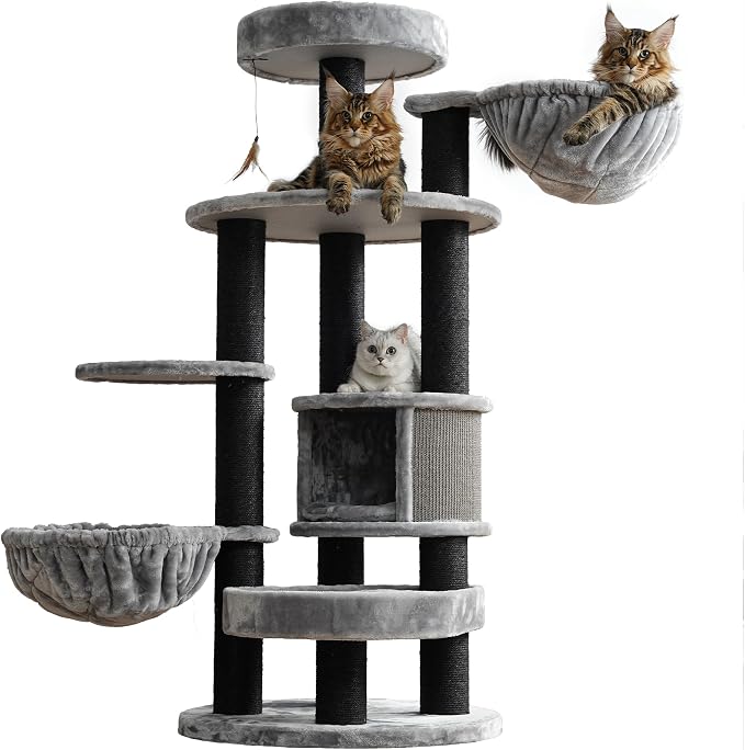 Extra Large Cat Tree for Maine Coon,65 Inches Tall Cat Tree Tower for Indoor Cats Large Adult 20 lbs,XXL Heavy Duty Luxury Sturdy Cat House with Big Hammock,Sisal Scratching Post,Condo,Grey