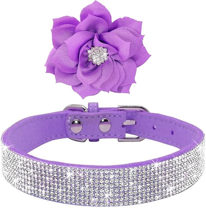 Rhinestone Dog Collar, Cute Dazzling Sparkling Soft Suede Leather Dog Cat Rhinestone Collar Crystal Diamond Pet Dog Puppy Collar (Purple6, L)