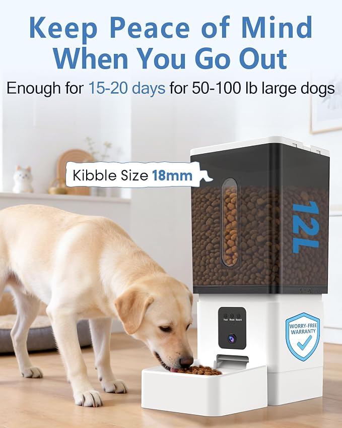 12L Large Dog Automatic Feeder with HD 1080P Camera: 50 Cups/20-Day Food Capacity for Travel & Business Trips - Anti-Clog for 2-18mm Large Kibble