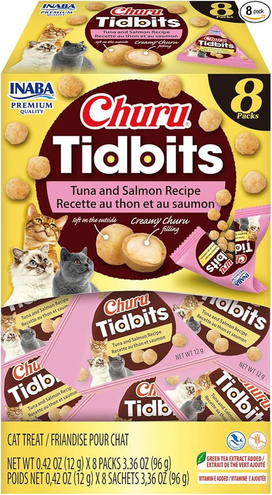 INABA Churu Tidbits for Cats, Soft & Chewy Churu Filled, Baked Chicken Cat Treats with Taurine & Green Tea Extract, 0.42oz per Pack, 8 Packs Total, Tuna & Salmon Recipe