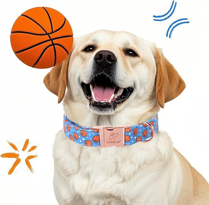 Adjustable Boy Dog Collar - Cute Blue Basketball Print Dog Collars for Large Dogs, Durable Pet Heavy Duty Metal Buckle Collar L