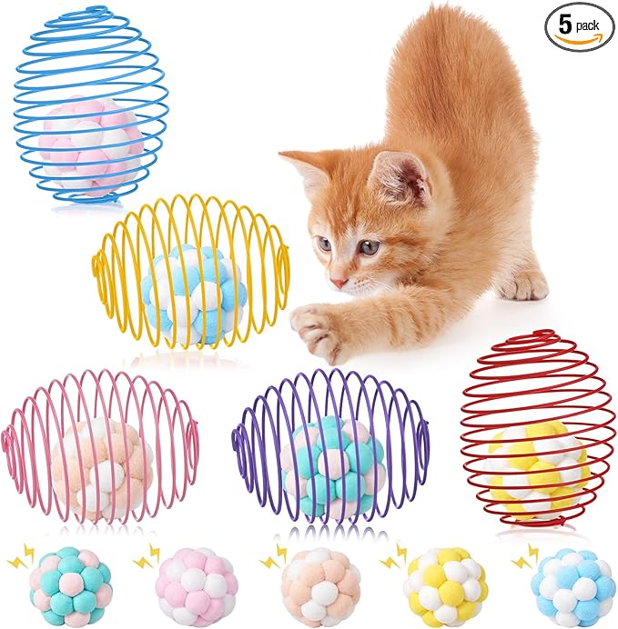 Jecery 5 Pcs Cat Spring Toys Stretchable Rolling Balls Colorful Playful Coils Interactive Action Toy Caged Rats for Kitten Pet Supplies (Plush Ball,Multicolor)