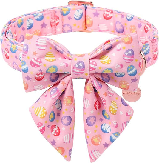 Easter Day Dog Collar with Bow, UP URARA PUP Easter Eggs Adjustable Pet Collar Bowtie with Metal Buckle, Colorful Eggs Cotton Dog Collars for Small Medium Large Dogs, S