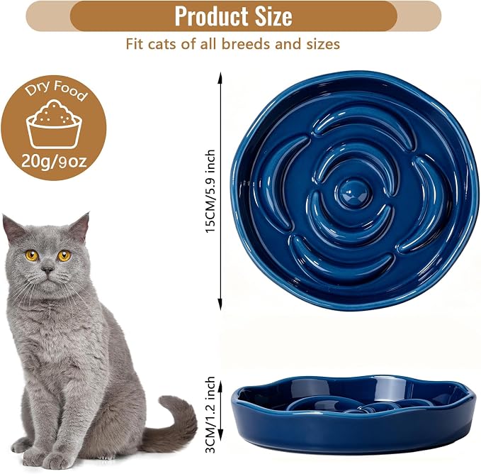 Slow Feeder Cat Bowl Set of 2, Ceramic Slow Feeding Cats Bowl Whisker Friendly, Anti Vomiting Cat Feeder for Dry and Wet Food，Fun Maze Interactive Bloat Stop Puzzle Bowls for Healthy Eating Diet