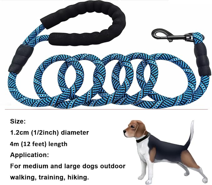 MayPaw Heavy Duty Rope Dog Leash, 3/4/5/6/7/8/10/12/15 FT Nylon Pet Leash, Soft Padded Handle Thick Lead Leashes for Large Medium Dogs (Blue Black, 1/2" * 12')