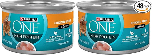 Purina ONE Natural High Protein Cat Food, Chicken Recipe in Wet Cat Food Gravy - (Pack of 48) 3 oz. Pull-Top Cans