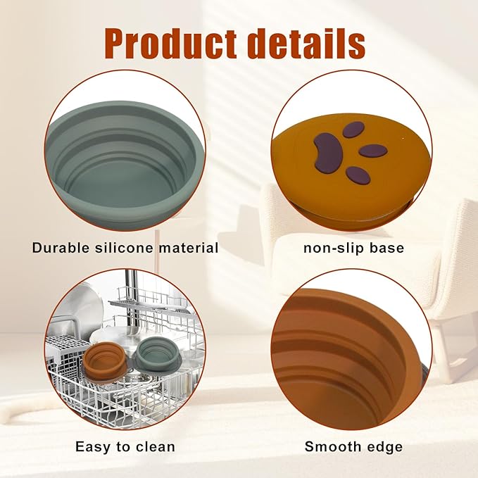 Collapsible Dog Bowls, 2-in-1 Silicone Pet Food and Water Bowl with Carabiner, Portable Double Compartment Dish for Travel, Camping, Hiking Puppy Essentials (A-Green Brown)