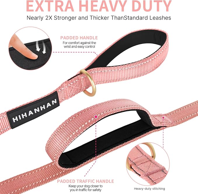 Reflective Dog Leash with Double Handle, Dog Leash 4 FT Long, Supports Medium and Large Dogs, Heavy Duty for Walking, Running, and Training, Pink