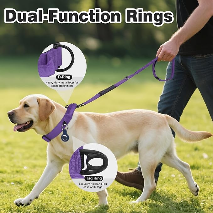 Joytale Tactical Dog Collar for Large Dogs with Control Handle, Heavy Duty Military Training Collar for Power Breeds, AirTag Holder Case, Quick Release Metal Buckle, Soft Padded, L, Purple