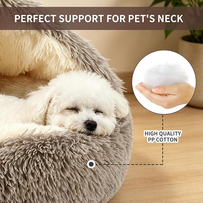 Dog Bed Round Hooded Plush Cat Cave Self Warming Pet Bed Donut Anti Anxiety Fluffy Pet Bed for Puppy and Kitty