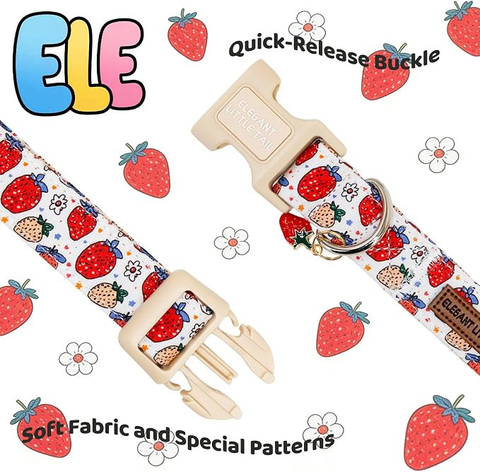 Elegant Little Tail Summer Dog Collar, Cute Pink Strawberry Pattern Soft Cotton Pet Collars with Sturdy Quick Release Buckle Female or Male Adjustable Pet Collar for X-Small Puppy