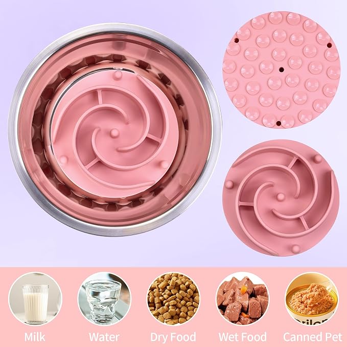Slow Feeder Dog Bowls Insert, Bestalk Soft Silicone Slow Eating Feeder Insert with Suction Cups for Small, Medium and Large Dogs, Fit into Basic and Elevated Dog Bowls, Pink